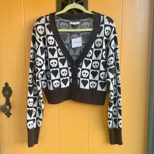 NWT American Eagle Cropped Black and White Graphic Heart & Skull Cardigan